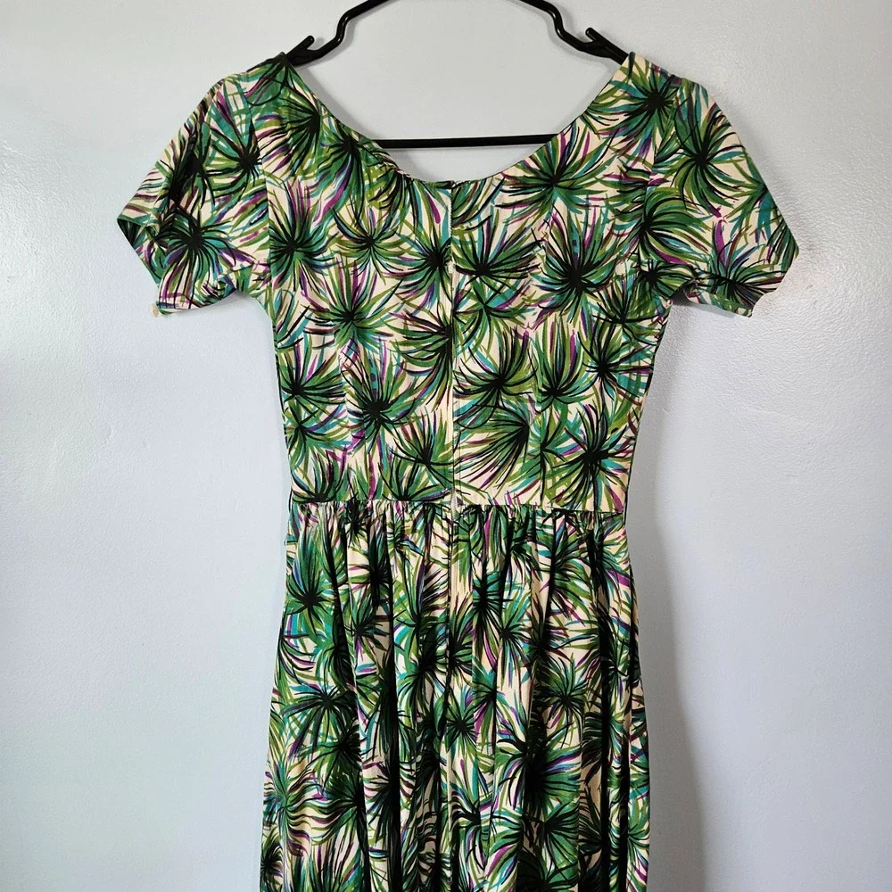 Anne Fogarty Vtg 50s 60s Tropical Palm Leaf Hawaiian Fit Flare Dress Green XS - Picture 6 of 8
